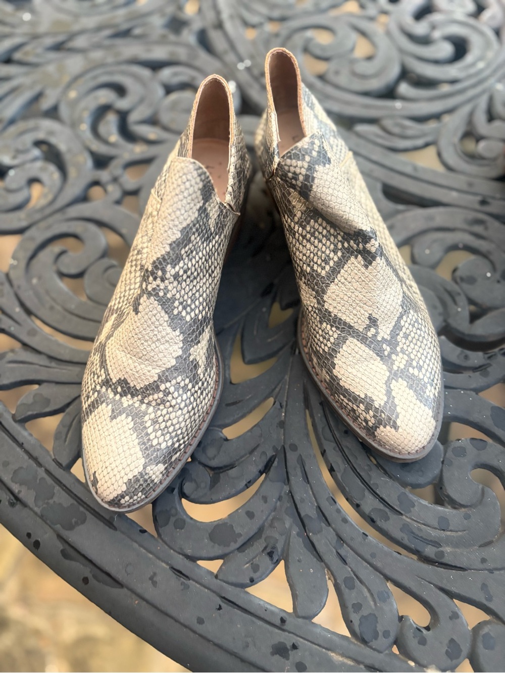 Lucky Brand Snake-Print Ankle shoe bootie in Beige and Gray